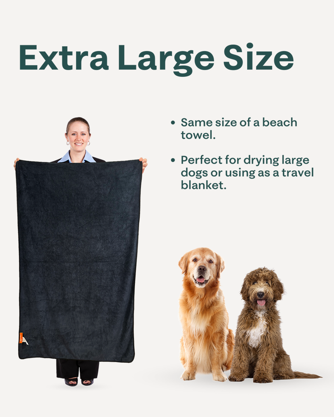 A large-sized dog wearing a black Drenched Dog microfiber  towel designed for bathing pets, with an additional folded view of the towel displayed next to the dog.