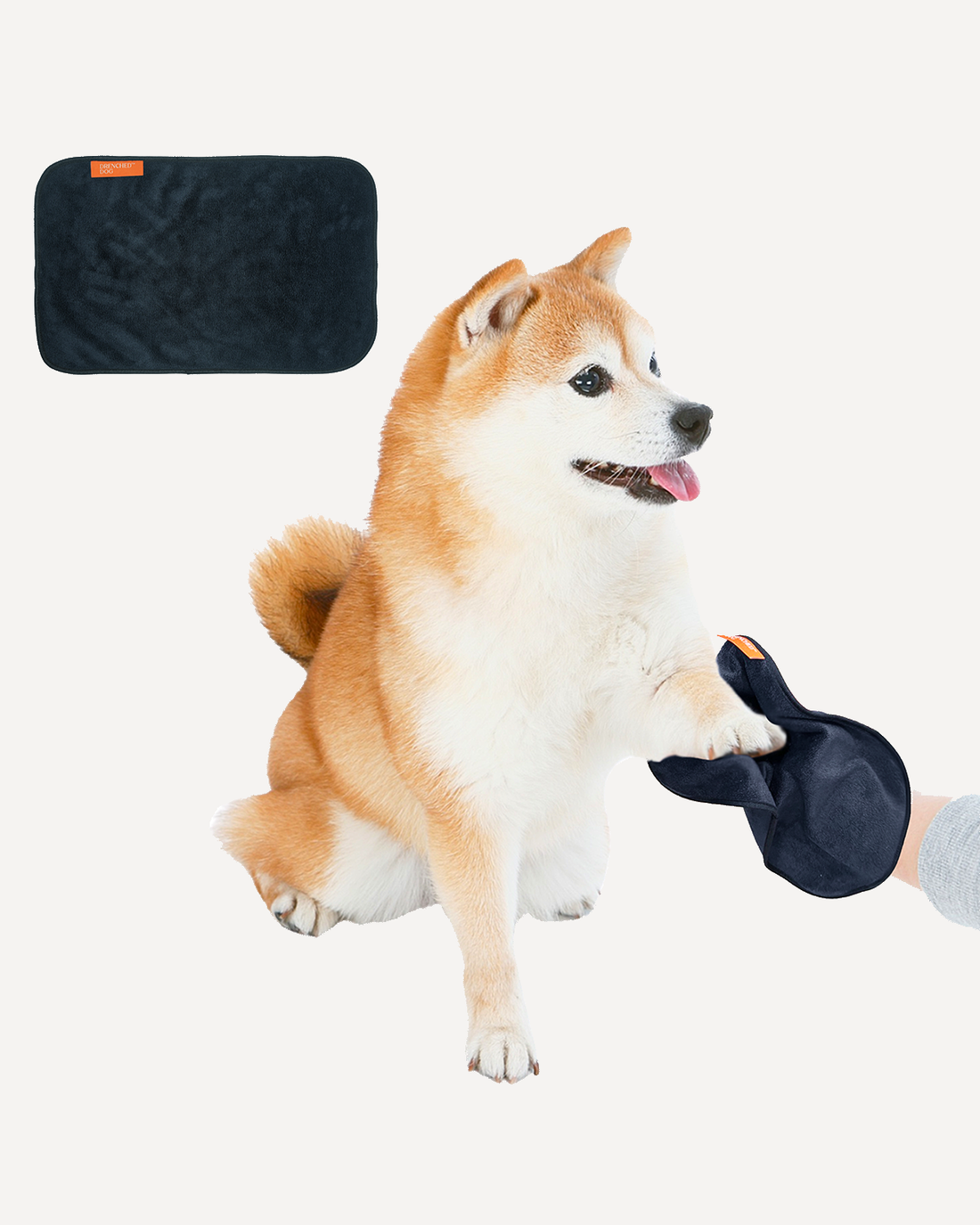 A fluffy Shiba Inu dog extends its paw while a person uses a black Drenched Dog microfiber towel to dry it. A matching rectangular towel is displayed in the top left corner, showing the product's texture and branding.