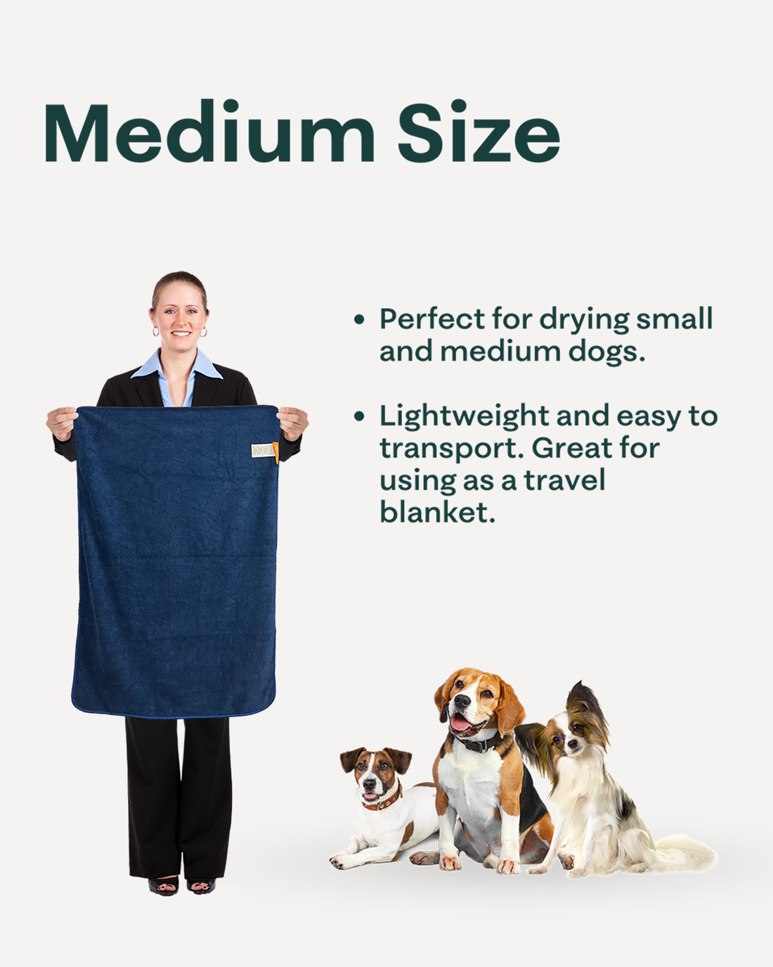 A small to medium-sized dog wearing a dark blue microfiber towel designed for pets, with an additional folded view of the towel displayed next to the dog.